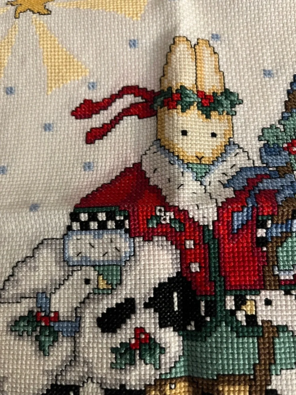 Hand Cross stitched Noel Wall Hanging in White, Red,